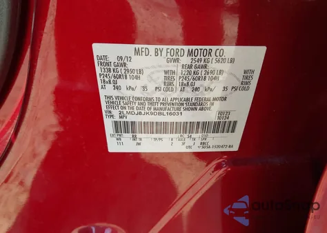 2013 Lincoln Mkx z USA, uszkodzony, nr VIN 2LMDJ8JK9DBL16031